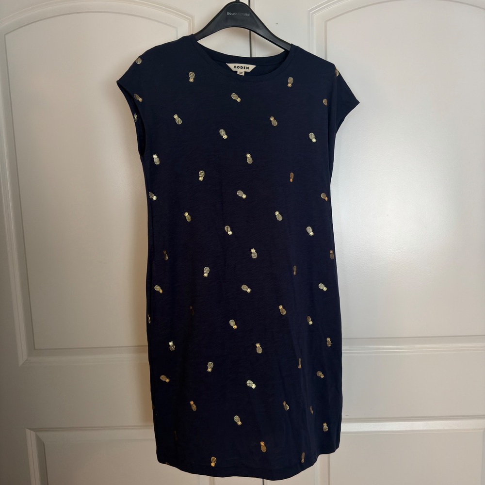 Boden Womens Navy Blue Gold Foil Pineapple Jersey Shift Dress US 8R UK 12R